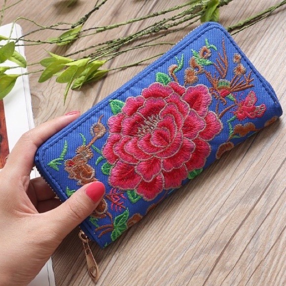 Colorful Rose Embroidery Wallet. Pink or Blue - Picture 3 of 5